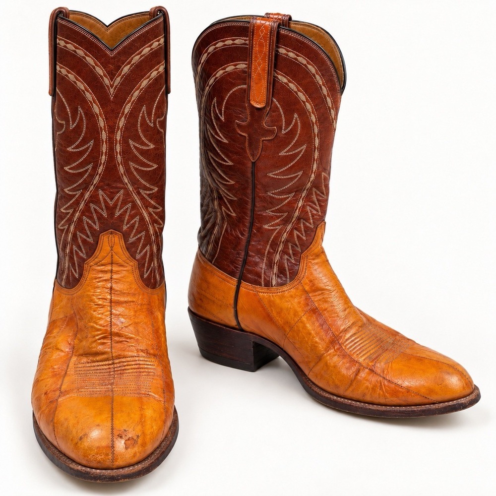 Vtg Lucchese San Antonio Men 12D Cowboy Boots Exotic Eel Skin Brown Western USA